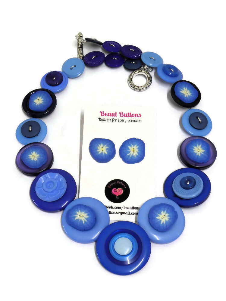 Button necklace and earrings - Forget-Me-Not