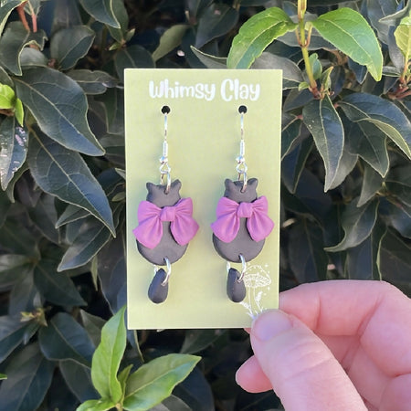 Black Cats with Purple Bows Earrings