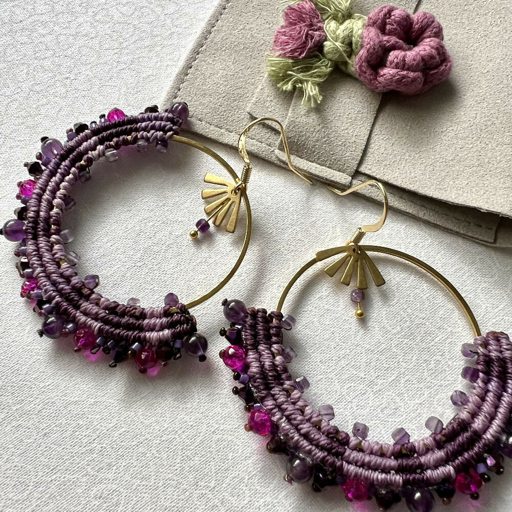 Large Purple Micro Macrame Earrings - Amethyst +Free Microfibre Pouch