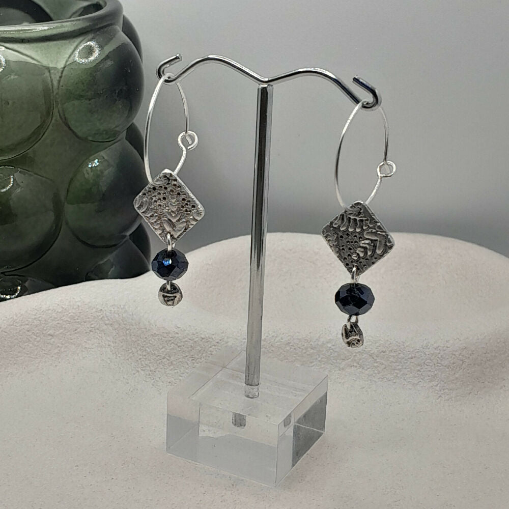 pure silver earrings blue bead -handmade hoop