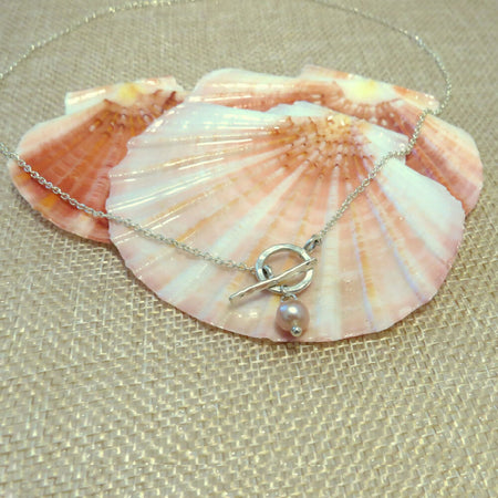 Sterling Silver Toggle Necklace, AAA Grade Light Pink Akoya Pearl, Naturally Cultivated. Toggle necklace. Sterling Toggle and Bar clasp