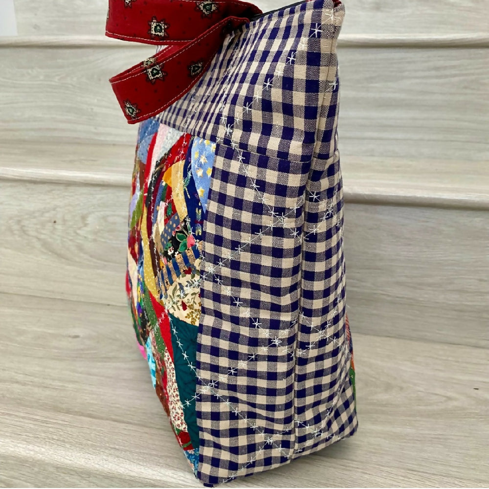 Quilted crazy patchwork tote with check border