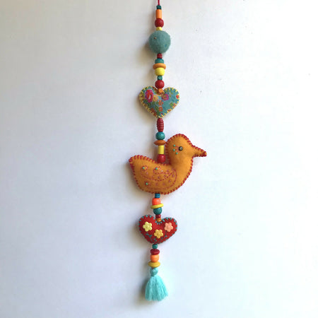 Wall hanging Boho felt bird and hearts decoration 43.5cm - Yellow - Blue - Red