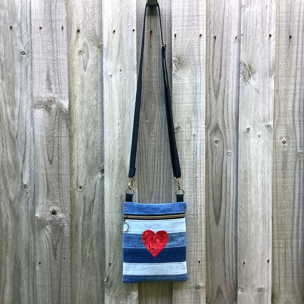 Upcycled Denim Crossbody Bag - Red Rose Heart