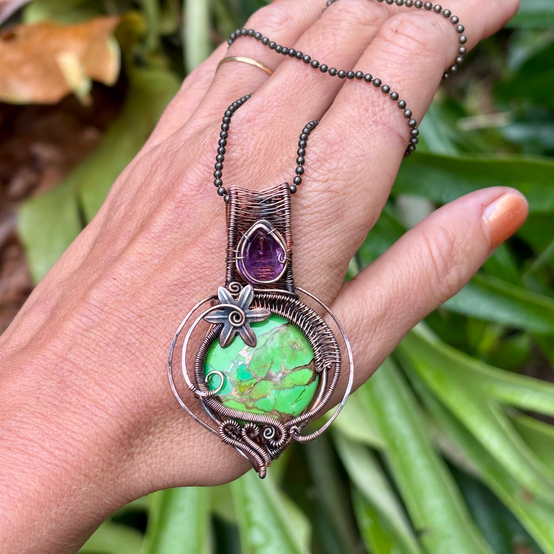 Mojave Turquoise/Amethyst copper crystal pendant
