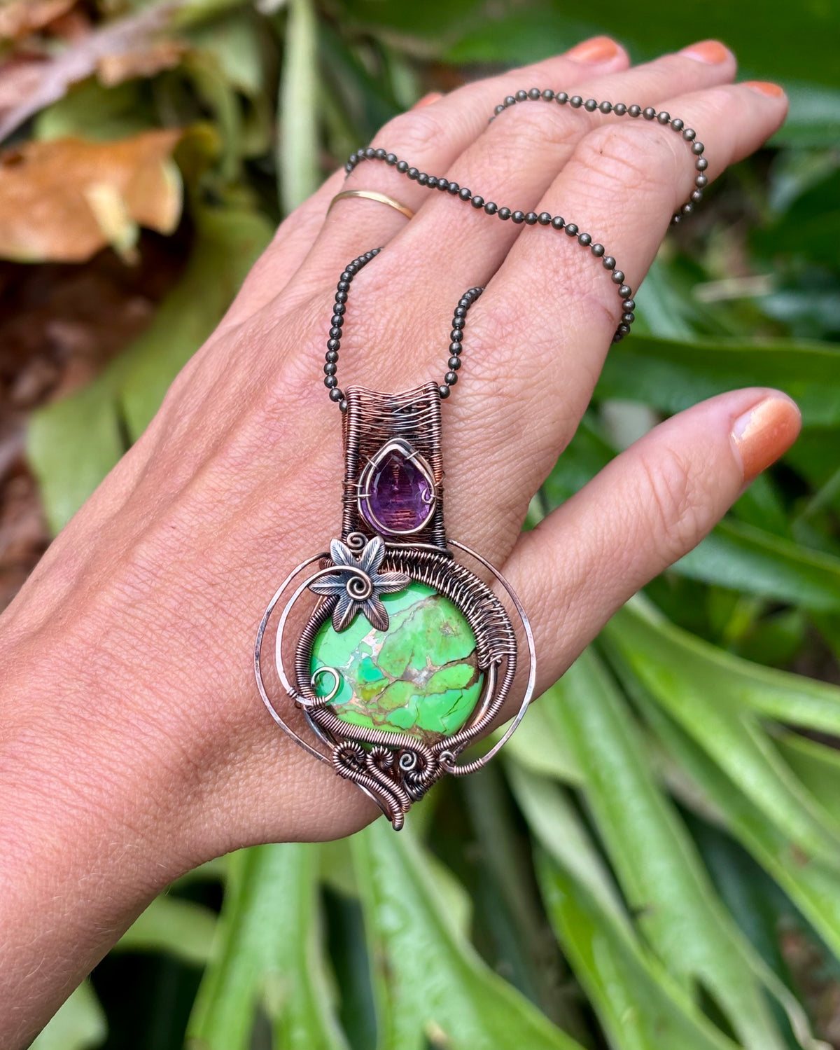 Mojave Turquoise/Amethyst copper crystal pendant