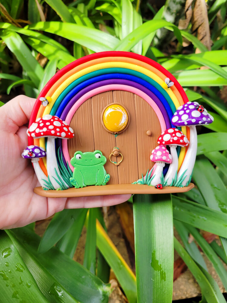 Cottagecore Mushroom and Rainbow Fairy door with a happy frog