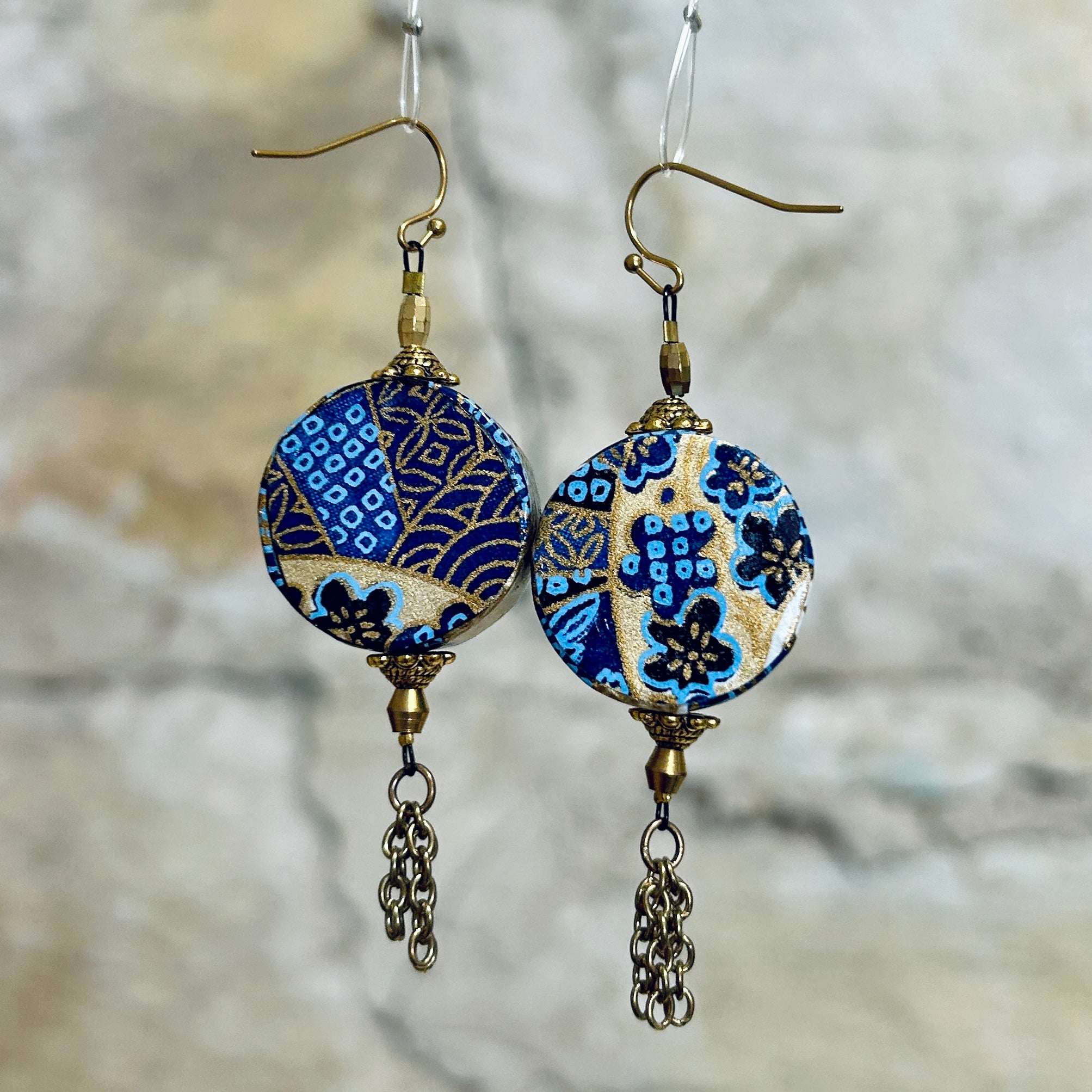 Blue Gold White Washi Paper Earrings: 2.5cm x 8cm