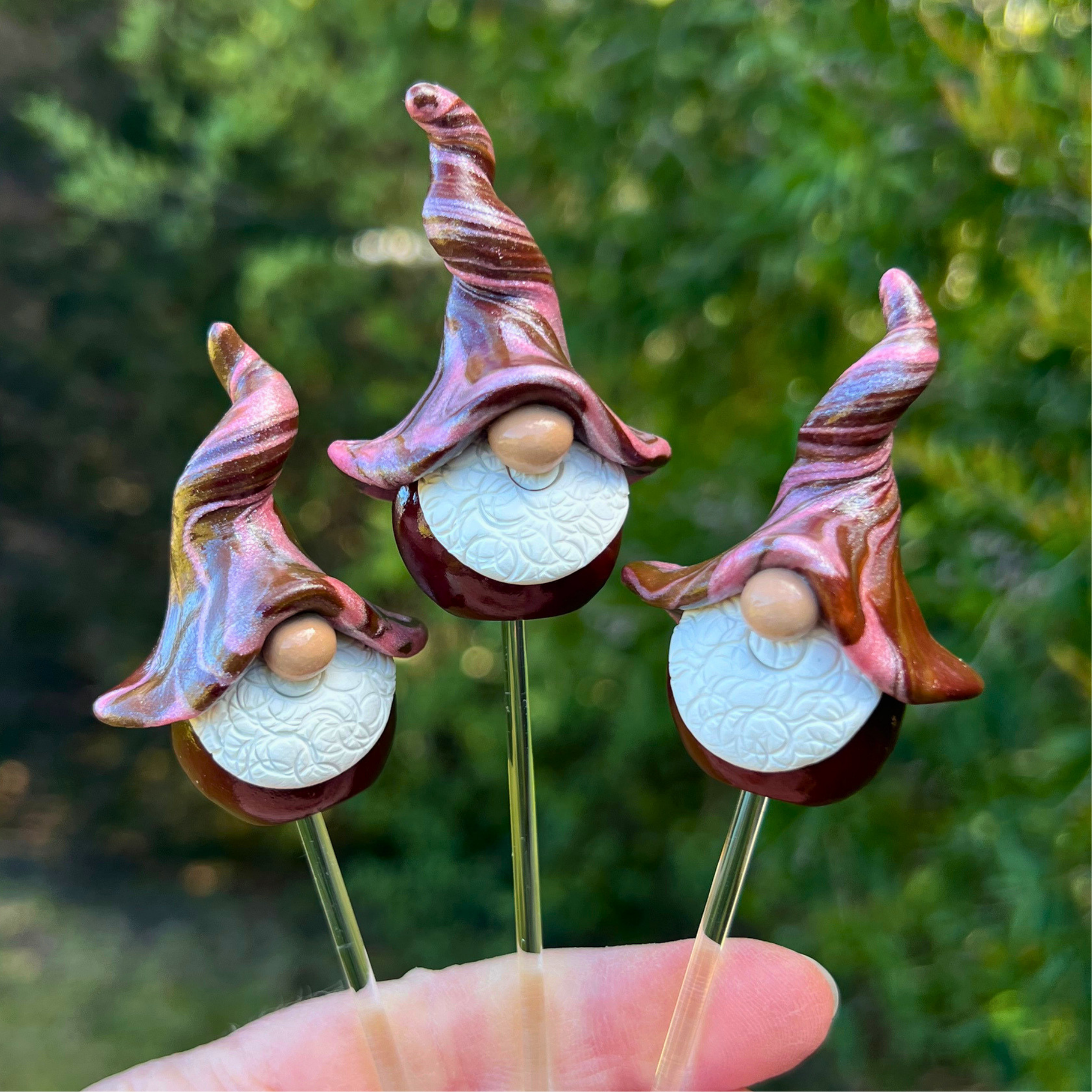 Whimsical polymer clay gnome trio - Wobbin, Snuffle & Stig