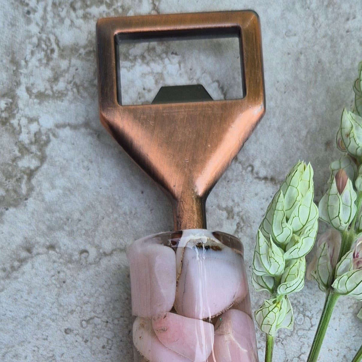 Handmade Resin Bottle Opener with embedded Pink Opal