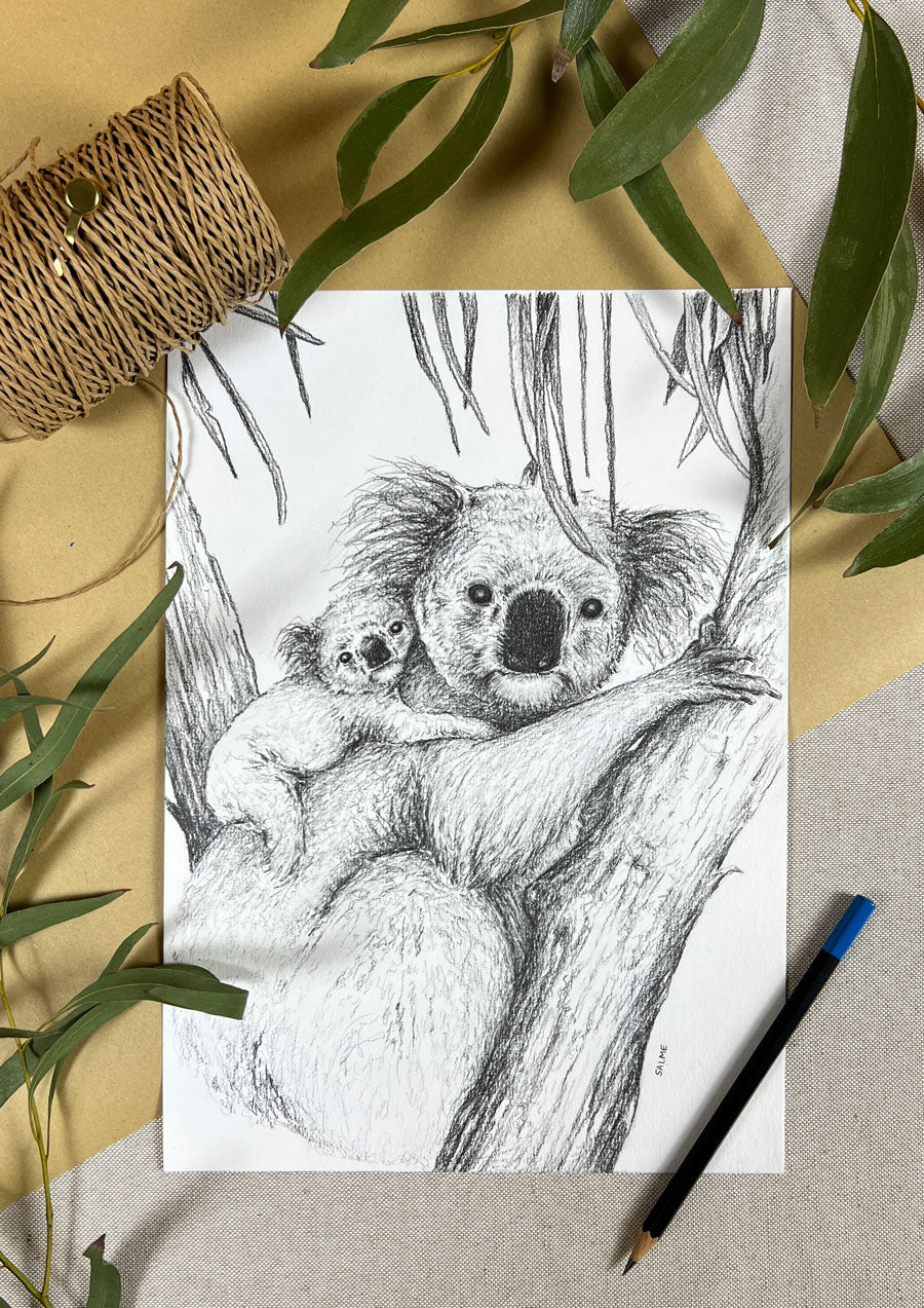 Koala Mother and Joey | Hand Drawn Original Artwork