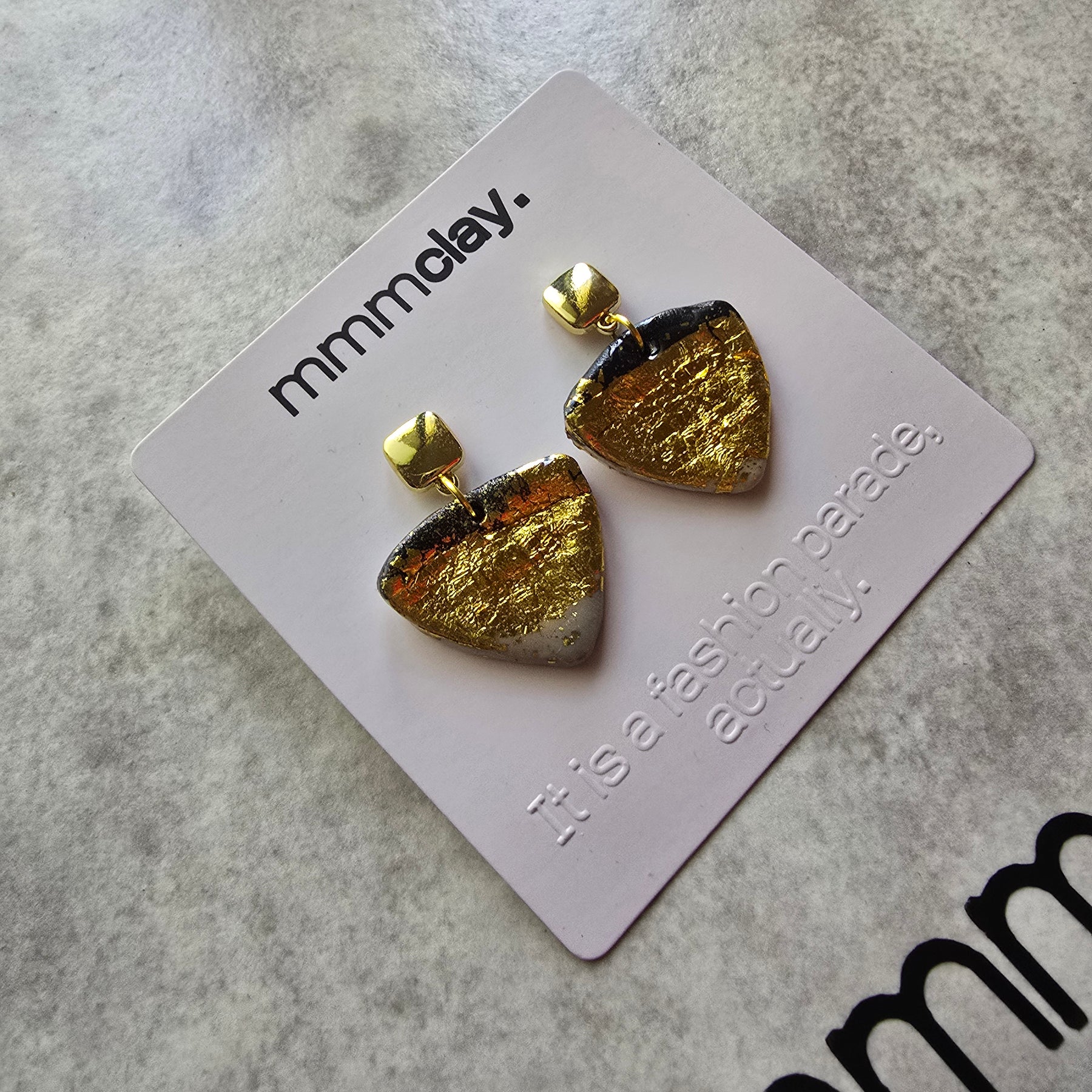 Black and Gold Geometric Triangle Polymer Clay Earrings | 9K Gold Plated