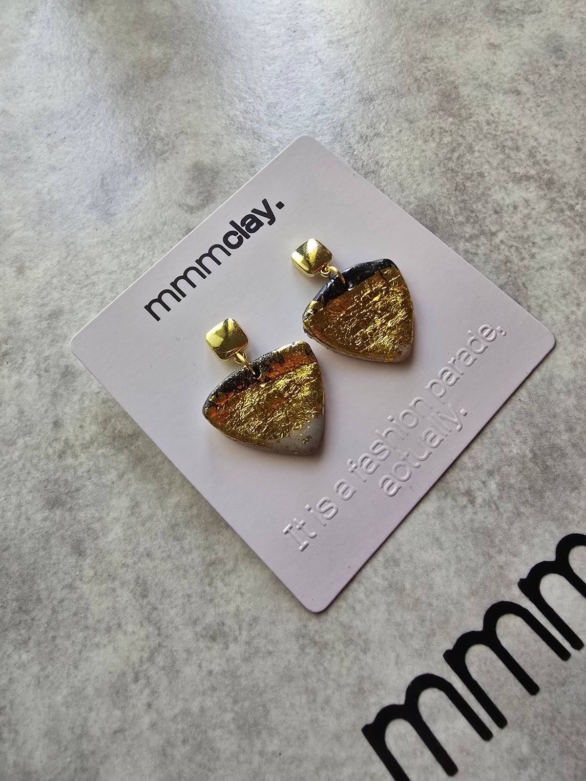 Black and Gold Geometric Triangle Polymer Clay Earrings | 9K Gold Plated
