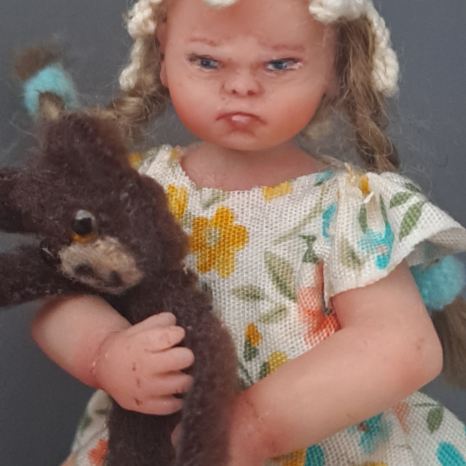 Grumpy Girl Art Doll – 1:12 Scale OOAK Collector Set with Teddy Bear, Rug