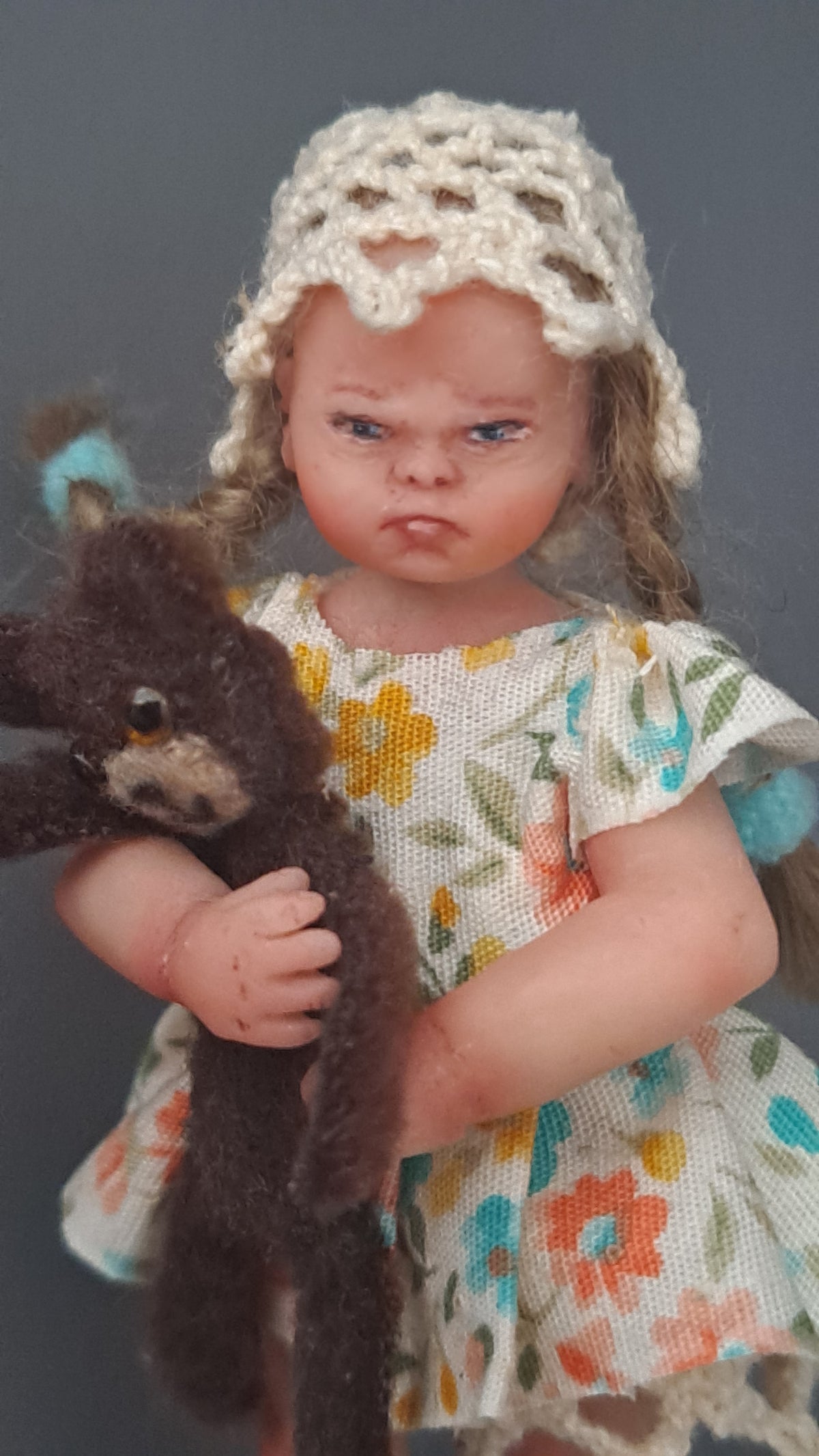 Grumpy Girl Art Doll – 1:12 Scale OOAK Collector Set with Teddy Bear, Rug