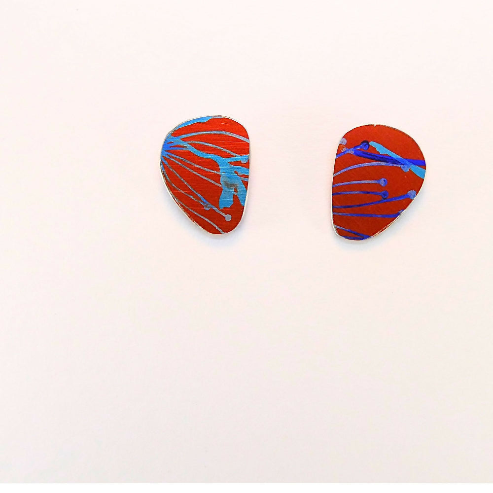 Printed and dyed orange anodised aluminium stud earrings