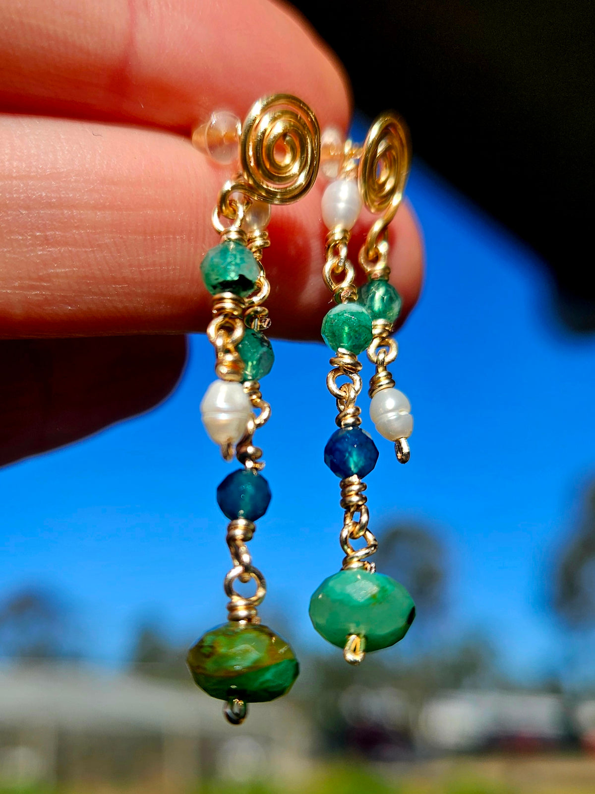 Freshwater Pearl, Apatite, Green Labradorite & Kyanite Earrings
