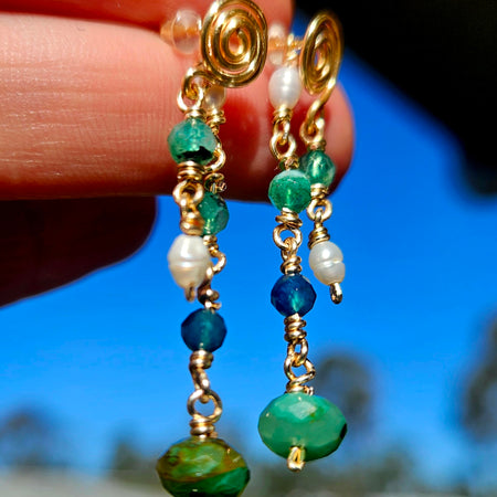 Freshwater Pearl, Apatite, Green Labradorite & Kyanite Earrings