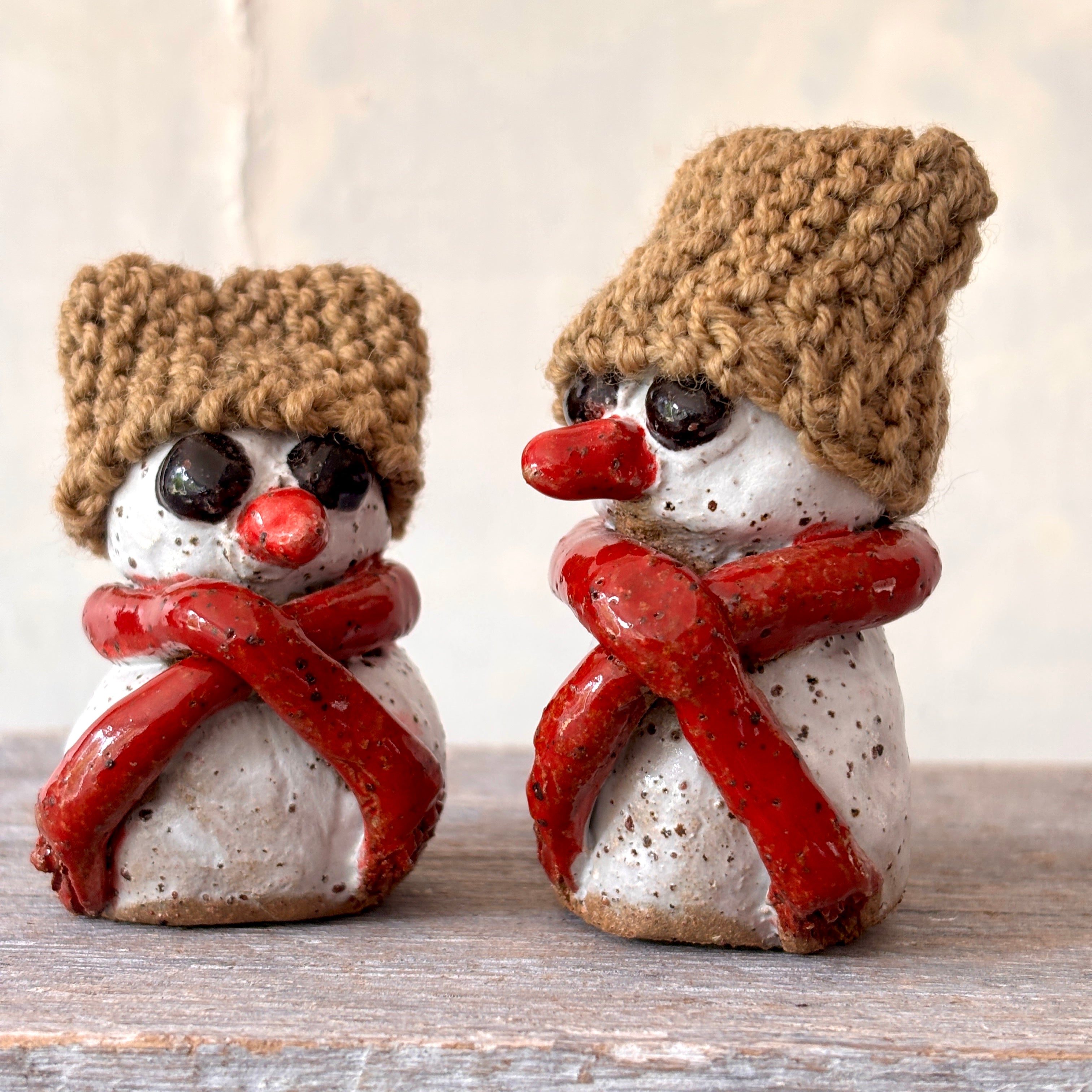 Ceramic Snowman with light-brown hand-knitted hat (26-13)