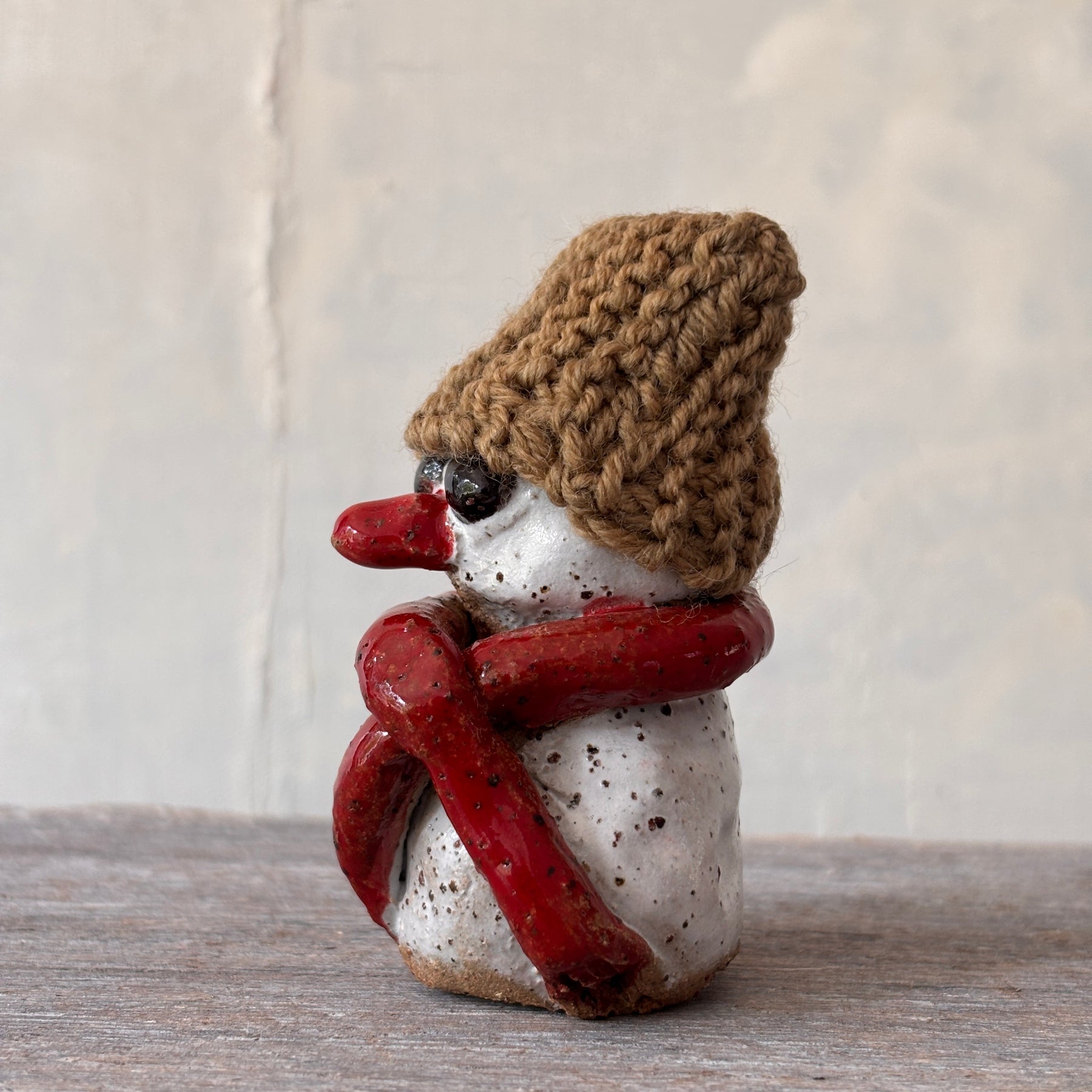 Ceramic Snowman with light-brown hand-knitted hat (26-13)
