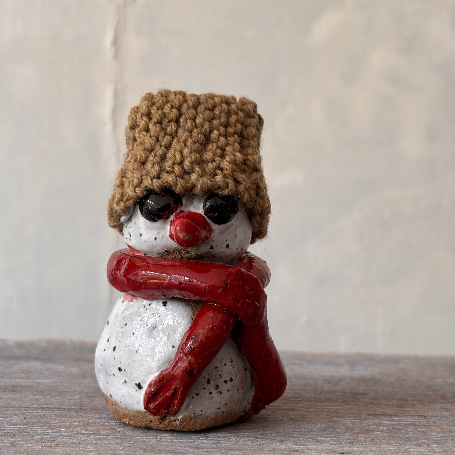 Ceramic Snowman with light-brown hand-knitted hat (26-13)