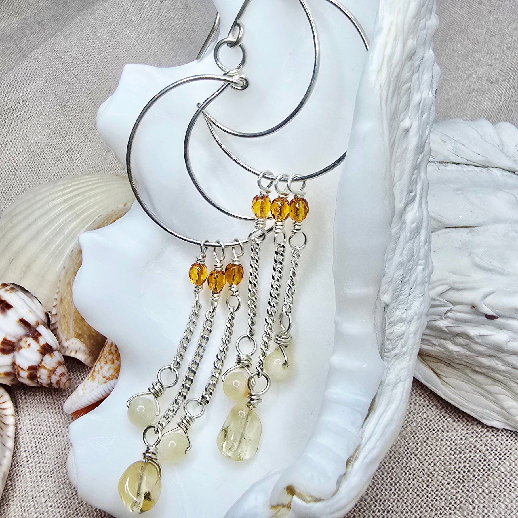 Crescent Moon Earrings in Sterling Silver with Citrine & Onyx