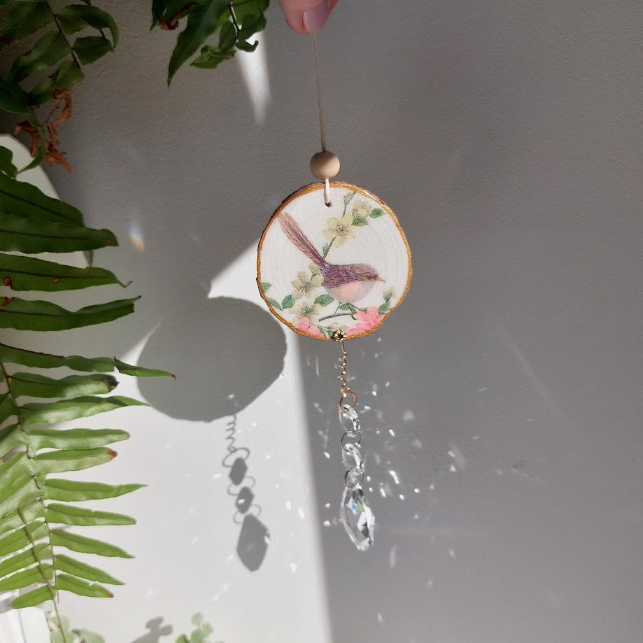 Crystal Suncatcher, Handmade Window Hanging, Superb Fairy-wren Bird