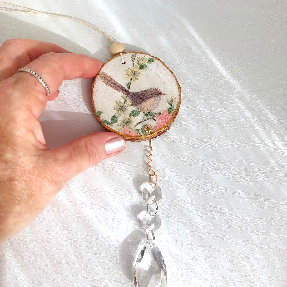 Crystal Suncatcher, Handmade Window Hanging, Superb Fairy-wren Bird