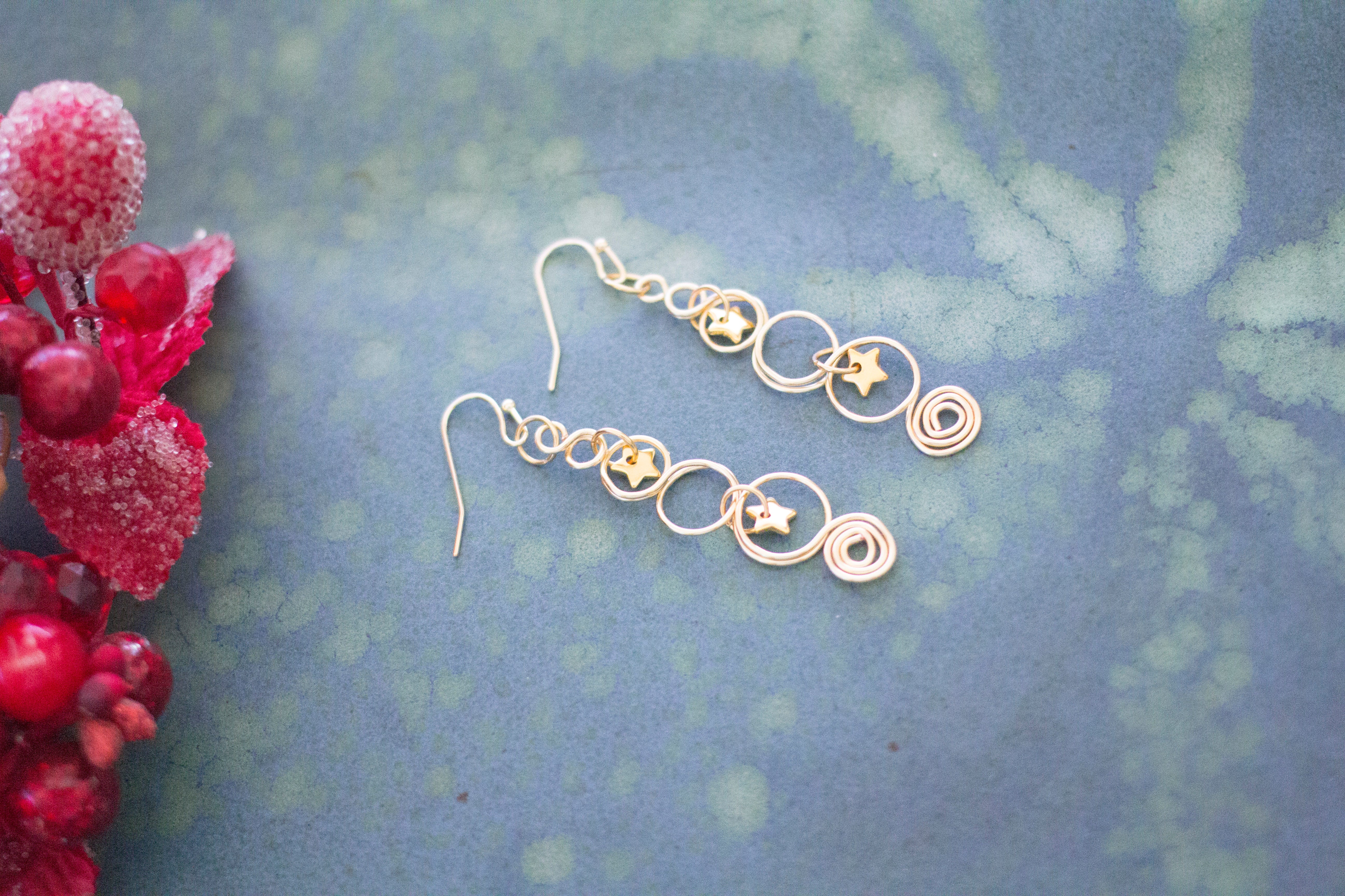 Gold Christmas Tree Earrings With Twinkling Stars | Christmas Jewellery