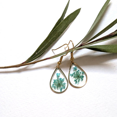 Gold teardrop earrings with teal Queen Anne's Lace