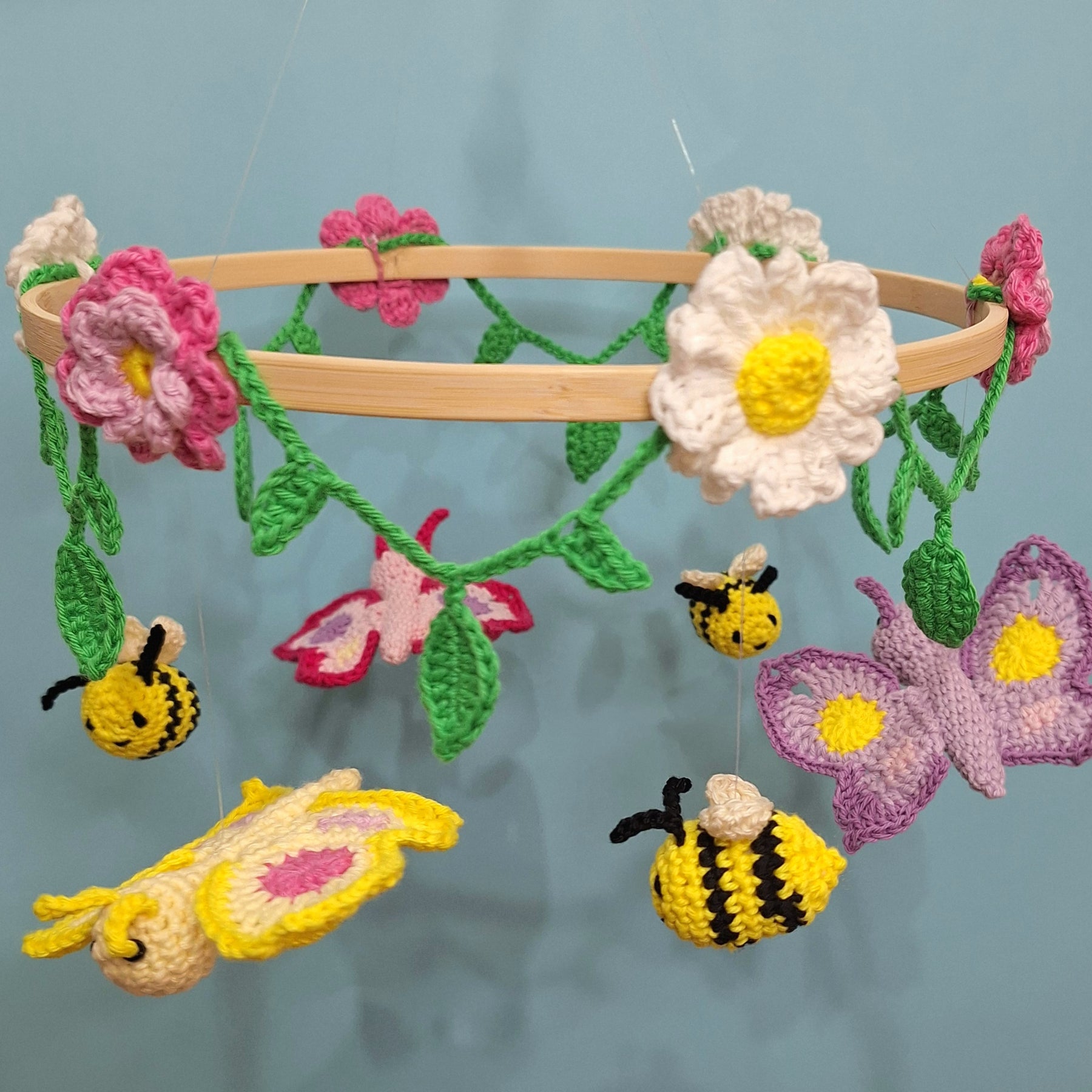 Crocheted Butterfly and Bee Springtime mobile