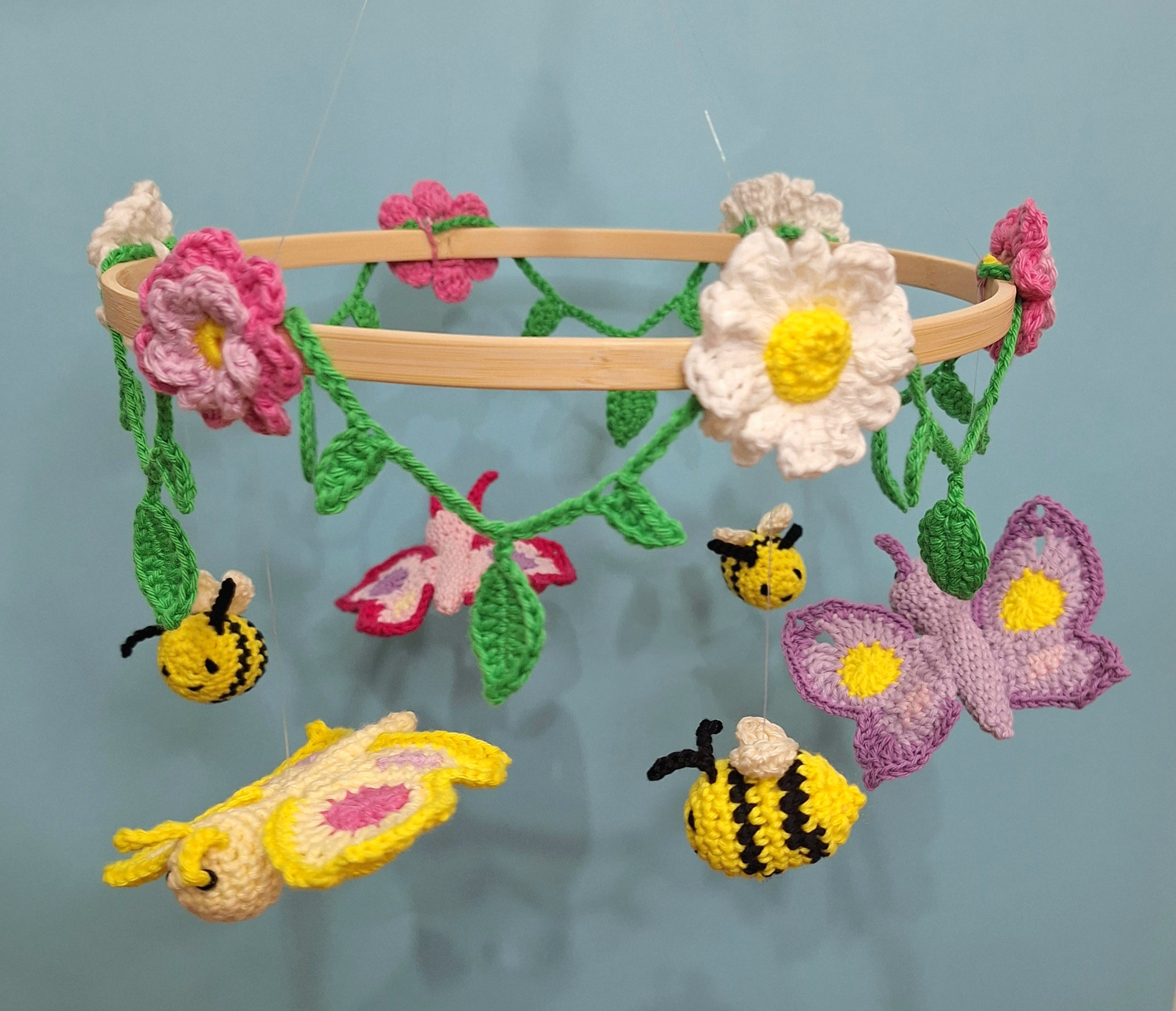 Crocheted Butterfly and Bee Springtime mobile