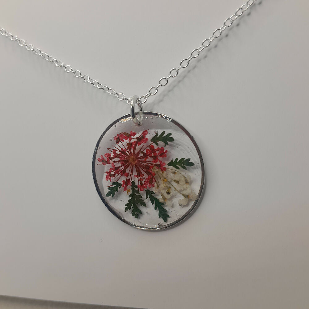 Real flower necklace pendant- red, white and leaf, resin