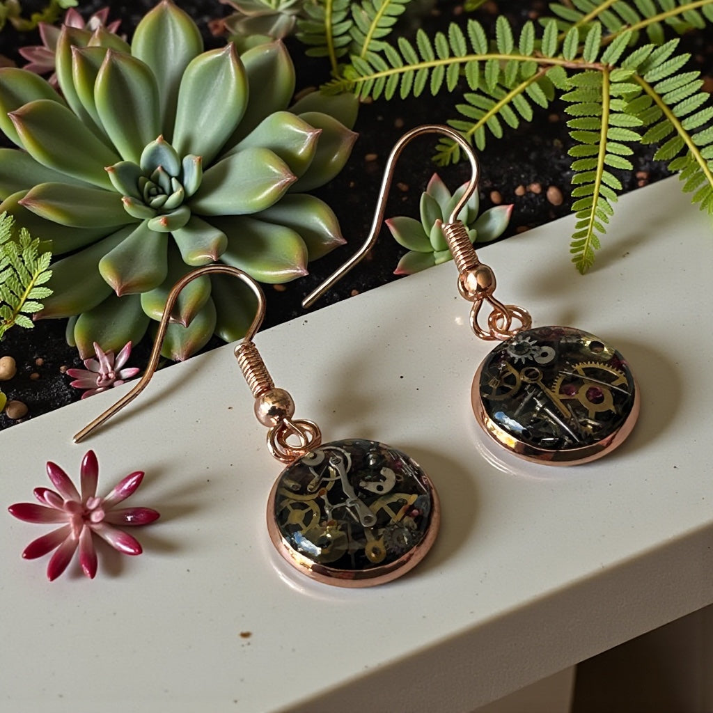 Steampunk watch parts dangle earrings (rose gold)