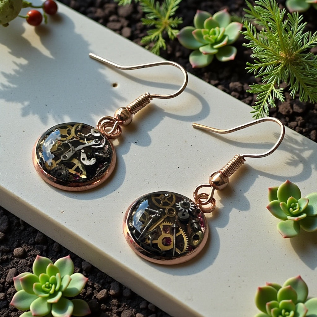 Steampunk watch parts dangle earrings (rose gold)