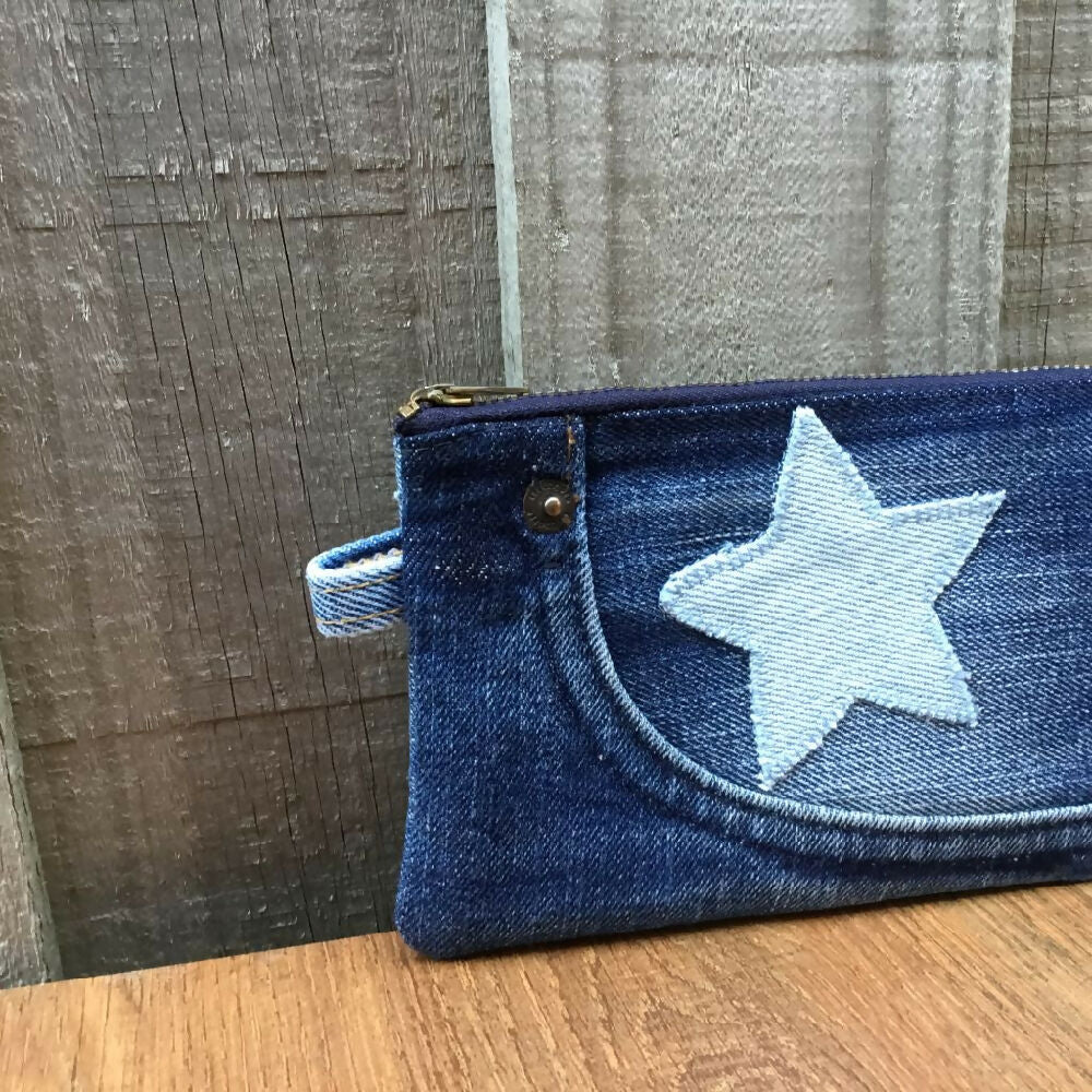 Upcycled Denim Front Pocket Purse - Denim Star