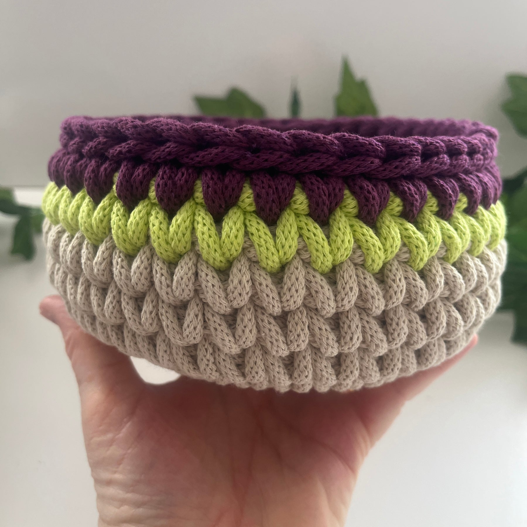 Curved crochet basket - colourful stripes