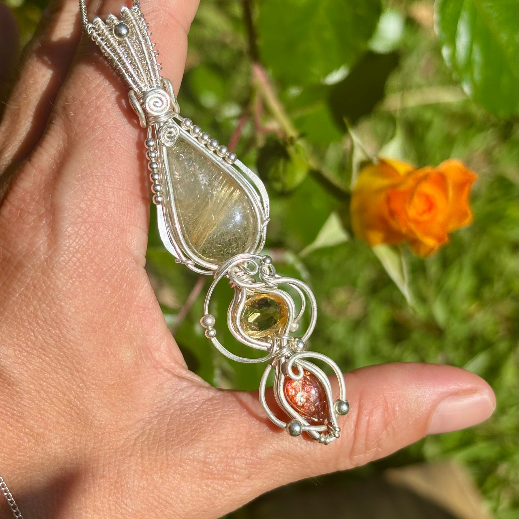 Citrine, Sunstone, Rutilated Quartz Crystal Pendant wire wrap