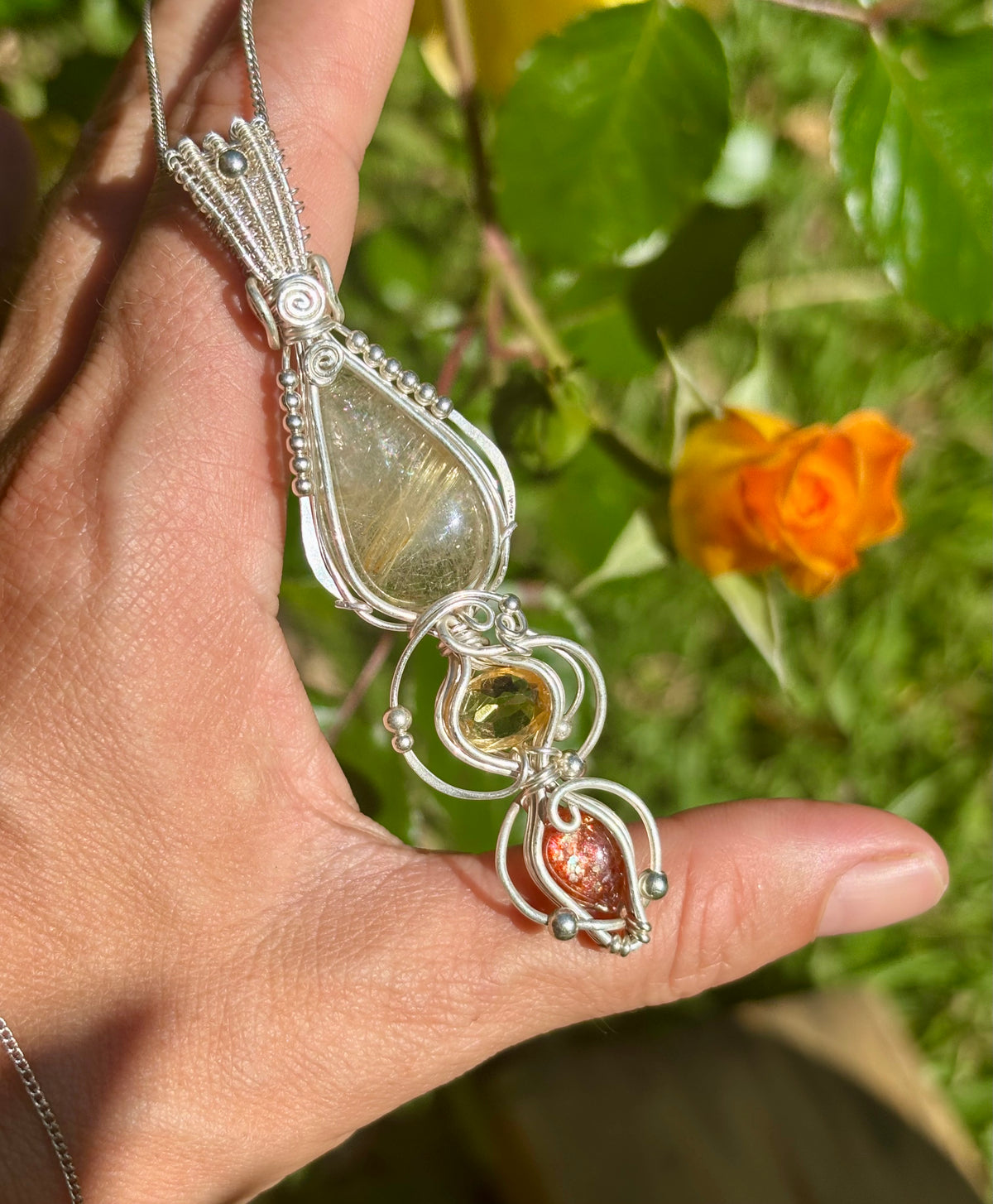 Citrine, Sunstone, Rutilated Quartz Crystal Pendant wire wrap