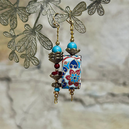 Earrings Long Red Aqua & Gold Asymmetrical - EB-121