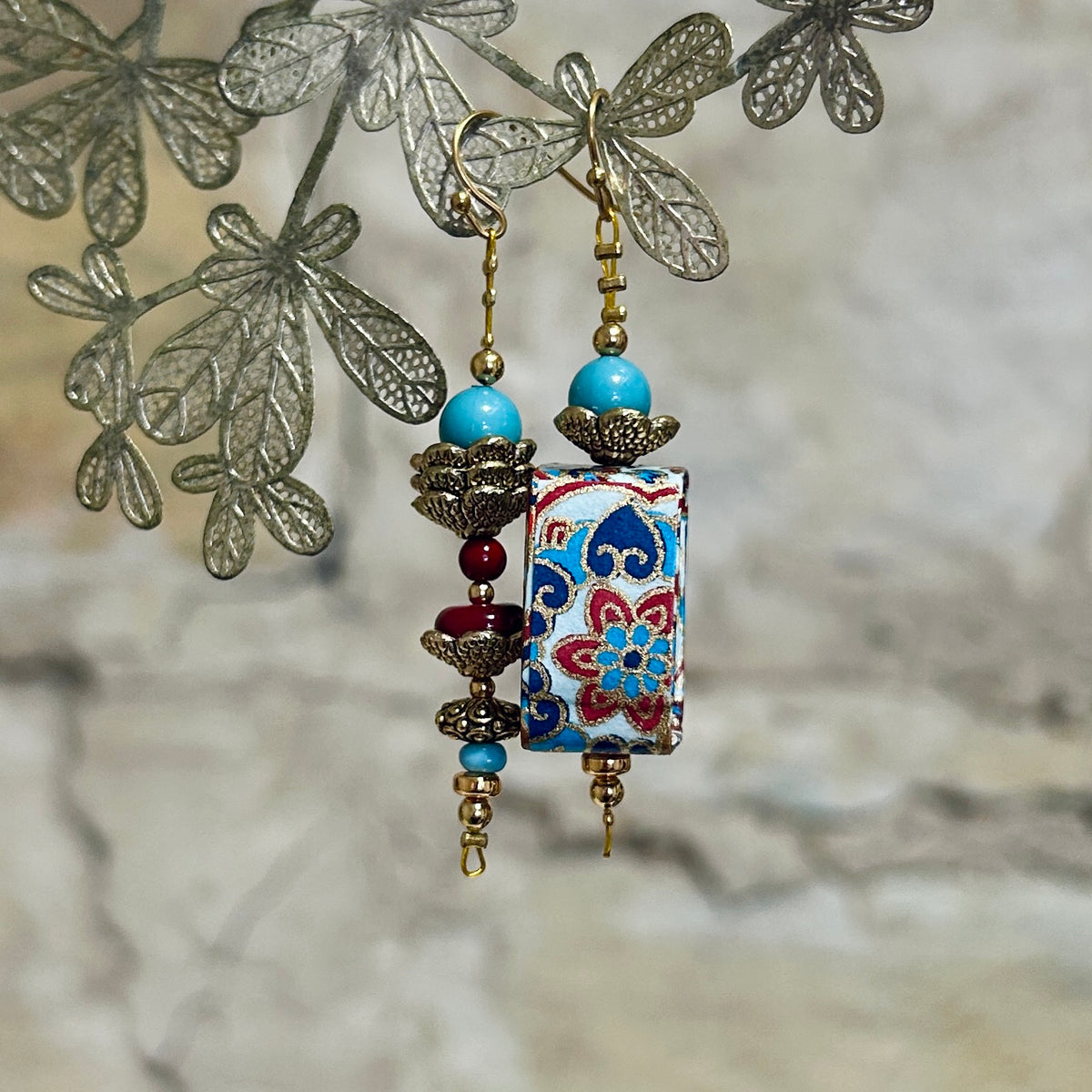 Earrings Long Red Aqua & Gold Asymmetrical - EB-121