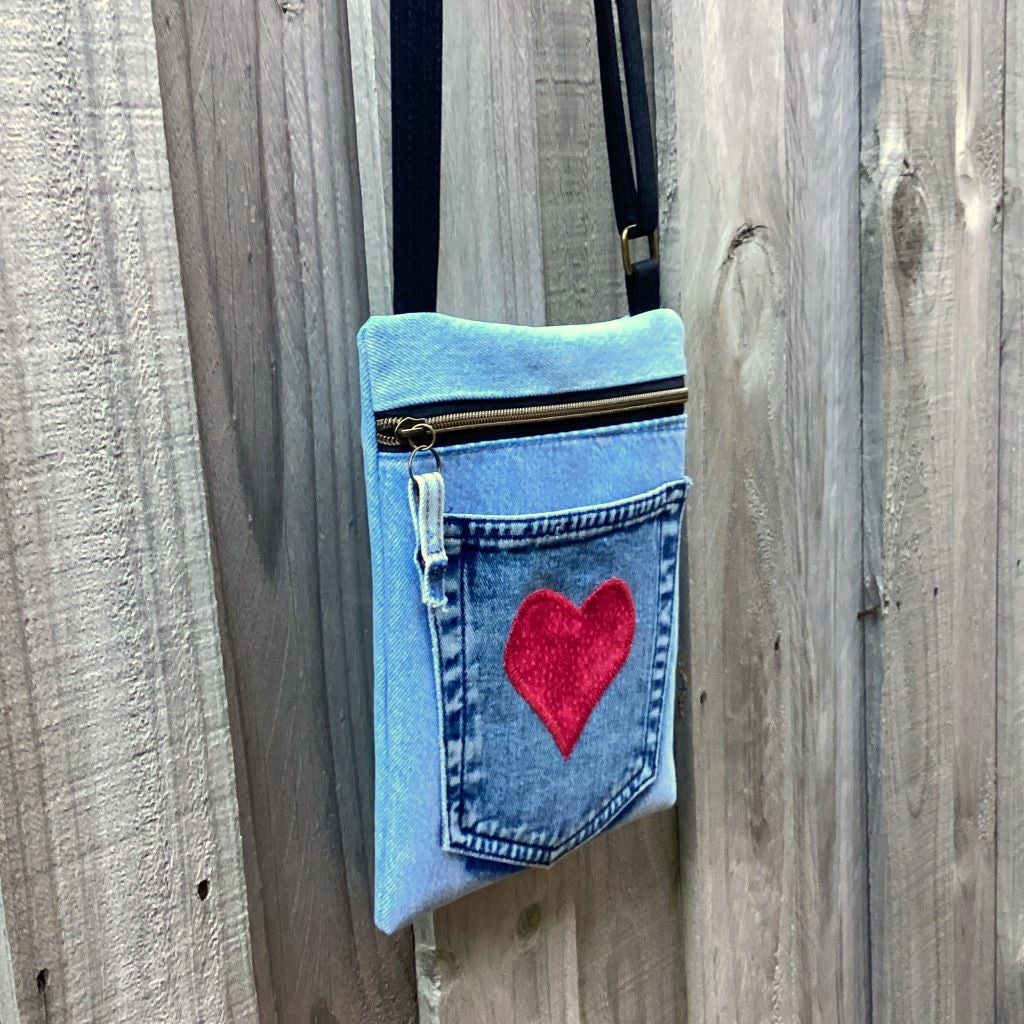 Cross Body Denim Bag - Pocket Red Heart