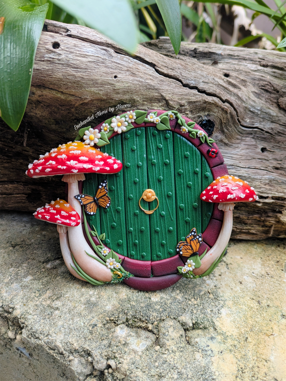 Green Hobbit Door with Aminata Mushroom & Monarch Butterflies 🦋
