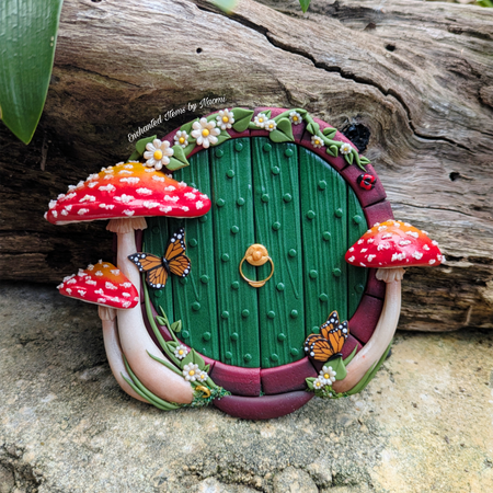 Green Hobbit Door with Aminata Mushroom & Monarch Butterflies 🦋