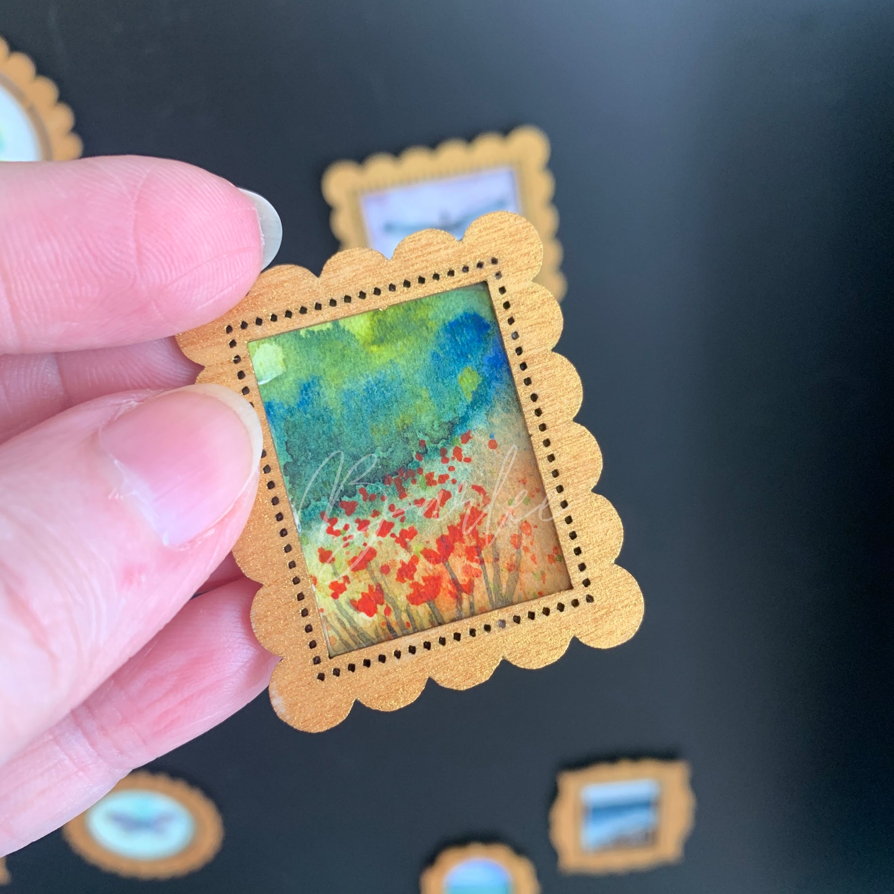 Hand Painted Fridge Magnet Set - 3 Framed Mini Paintings