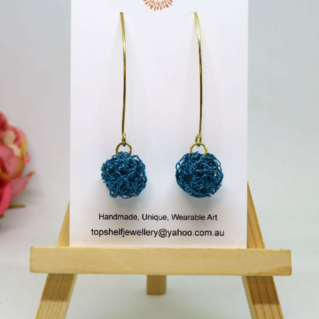 Peacock Blue Ball Crochet Wire Earrings