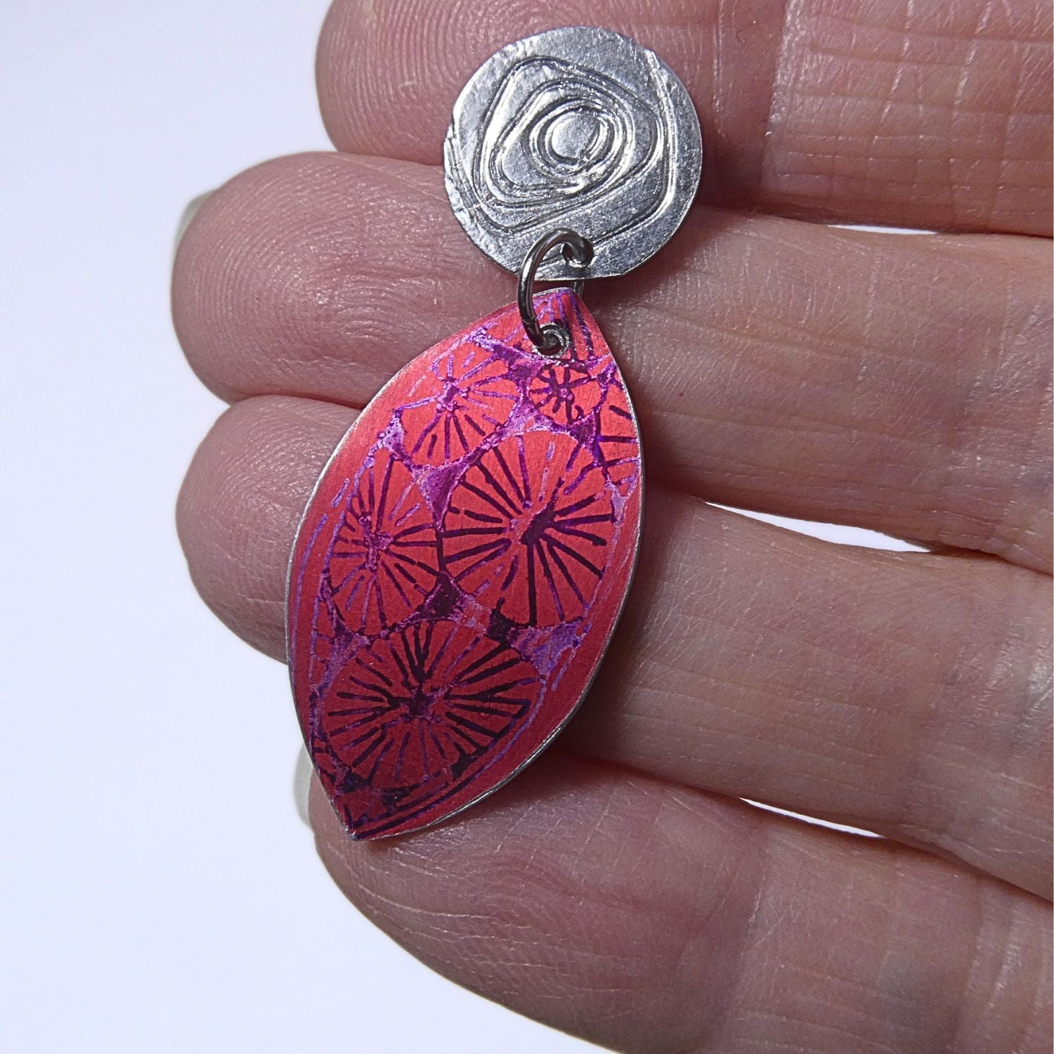 Hand printed anodised aluminium earrings - Scarlet Grace Collection