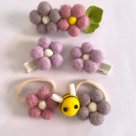 Pom pom flower clip set or barette clip