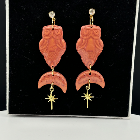 Terracotta Owl and Moon Earrings