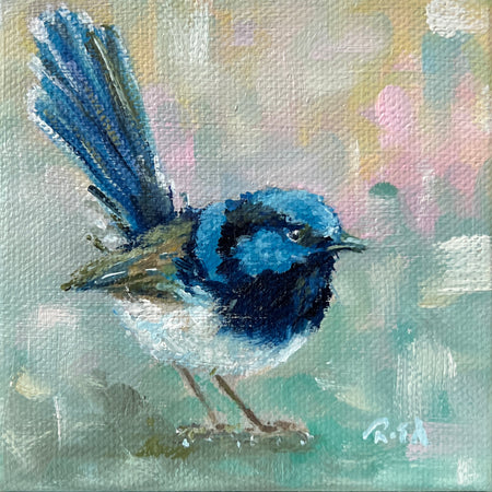 Mini Fairywren Oil Painting, Bird Portrait on Mini Canvas 4